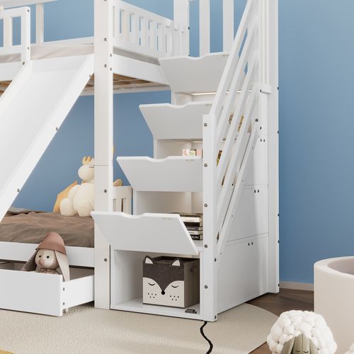 Lit Superposé 90x200 Cm - Cabane Enfant - Toboggan - Lit Gigogne - 2 Tiroirs - Pin Mdf Cp - Blanc