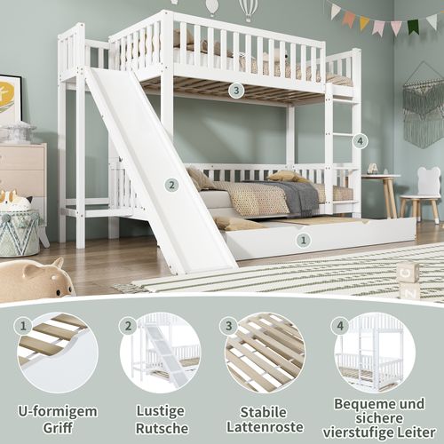 Lit Superposé 90x200/90x190 Cm - Cabane Enfant - Toboggan - Lit Gigogne - Pin Mdf - Blanc