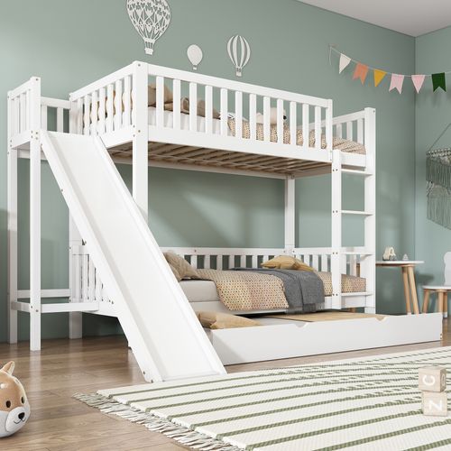 Lit Superposé 90x200/90x190 Cm - Cabane Enfant - Toboggan - Lit Gigogne - Pin Mdf - Blanc