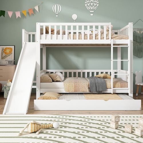 Lit Superposé 90x200/90x190 Cm - Cabane Enfant - Toboggan - Lit Gigogne - Pin Mdf - Blanc