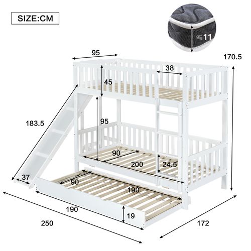 Lit Superposé 90x200/90x190 Cm - Cabane Enfant - Toboggan - Lit Gigogne - Pin Mdf - Blanc