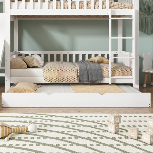 Lit Superposé 90x200/90x190 Cm - Cabane Enfant - Toboggan - Lit Gigogne - Pin Mdf - Blanc