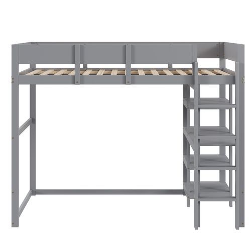 Lit Mezzanine Enfant 90x200 Cm - Barrière Sécurisée - Étagère - Pin Massif - Gris