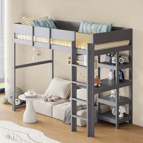 Lit Mezzanine Enfant 90x200 Cm - Barrière Sécurisée - Étagère - Pin Massif - Gris