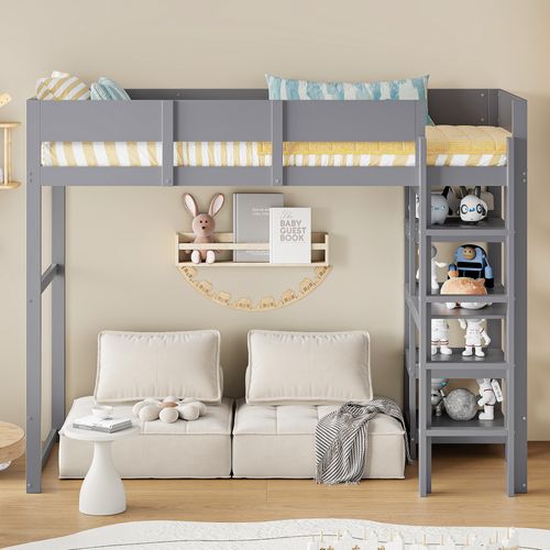 Lit Mezzanine Enfant 90x200 Cm - Barrière Sécurisée - Étagère - Pin Massif - Gris