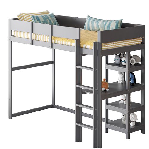 Lit Mezzanine Enfant 90x200 Cm - Barrière Sécurisée - Étagère - Pin Massif - Gris