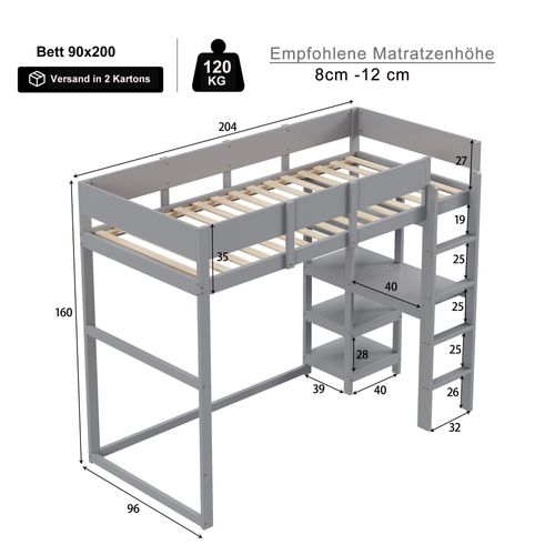 Lit Mezzanine Enfant 90x200 Cm - Barrière Sécurisée - Étagère - Pin Massif - Gris