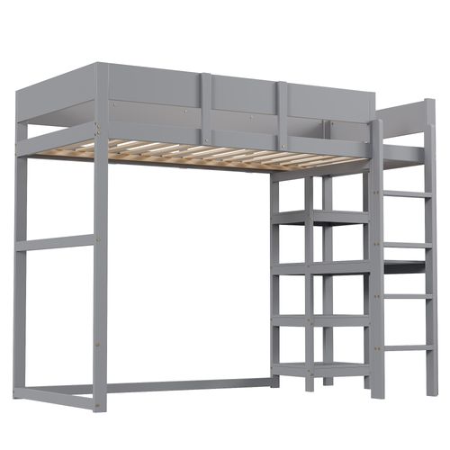 Lit Mezzanine Enfant 90x200 Cm - Barrière Sécurisée - Étagère - Pin Massif - Gris