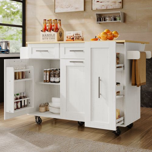 Îlot De Cuisine - Meuble Multifonction - Îlot Extensible - Espace De Rangement - Mdf Métal - Blanc
