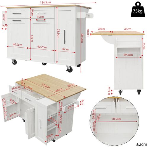 Îlot De Cuisine - Meuble Multifonction - Îlot Extensible - Espace De Rangement - Mdf Métal - Blanc