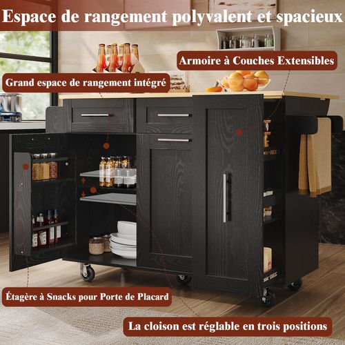 Îlot De Cuisine - Meuble Multifonction - Îlot Extensible - Espace De Rangement - Mdf Métal - Noir