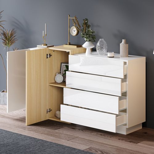 Buffet Moderne Blanc - Meuble Salon Et Cuisine Avec 4 Tiroirs Et 2 Portes - Mdf