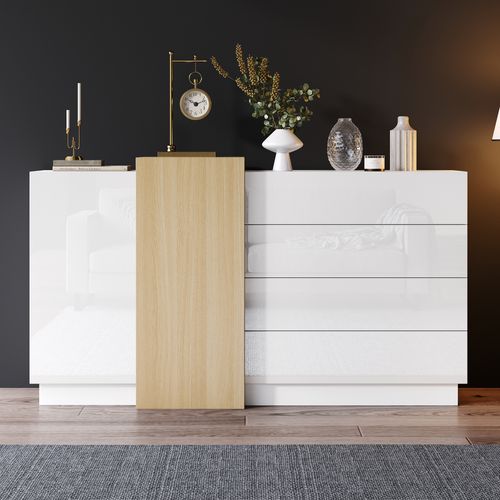 Buffet Moderne Blanc - Meuble Salon Et Cuisine Avec 4 Tiroirs Et 2 Portes - Mdf