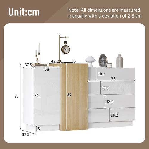 Buffet Moderne Blanc - Meuble Salon Et Cuisine Avec 4 Tiroirs Et 2 Portes - Mdf