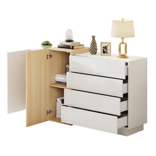 Buffet Moderne Blanc - Meuble Salon Et Cuisine Avec 4 Tiroirs Et 2 Portes - Mdf