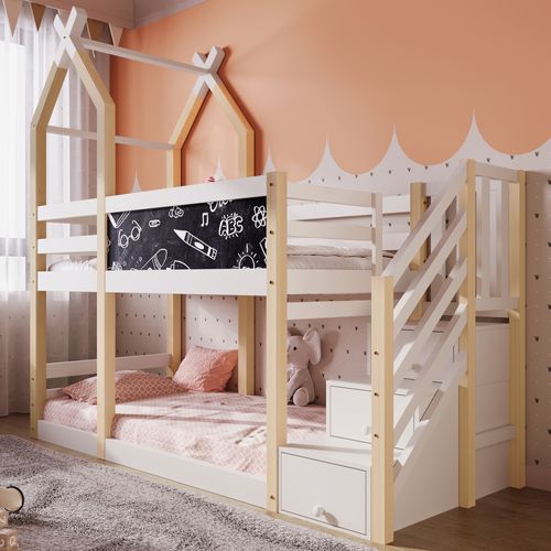 Lit Superposé Enfant 90x200 Cm - Tableau Noir - Sommier - Structure Robuste - Blanc