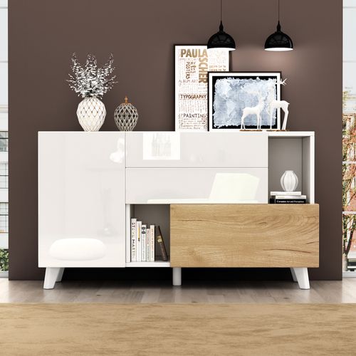 Buffet Bas Design - 2 Portes - 2 Tiroirs - Rangement - Mdf - Blanc Chêne Clair