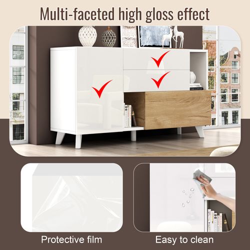 Buffet Bas Design - 2 Portes - 2 Tiroirs - Rangement - Mdf - Blanc Chêne Clair