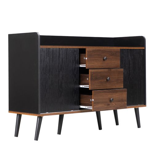 Buffet Moderne Avec 3 Tiroirs, Étagères De Rangement, Finition Bois, Noir