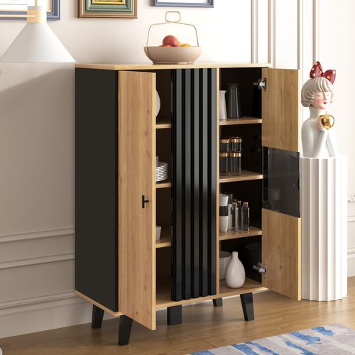 Buffet De Cuisine - Éclairage LED - Rangement Design - Salon Et Salle à Manger - Noir - Bois Naturel