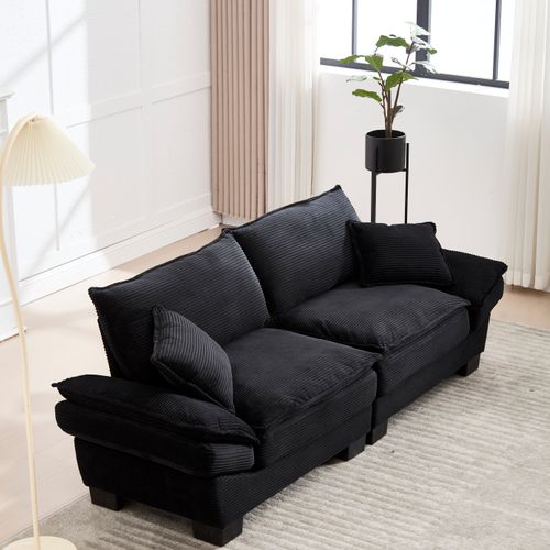 Canapé 2 Places - Design Contemporain - Confort Moyen-doux - Coussins - Velours côtelé - Noir