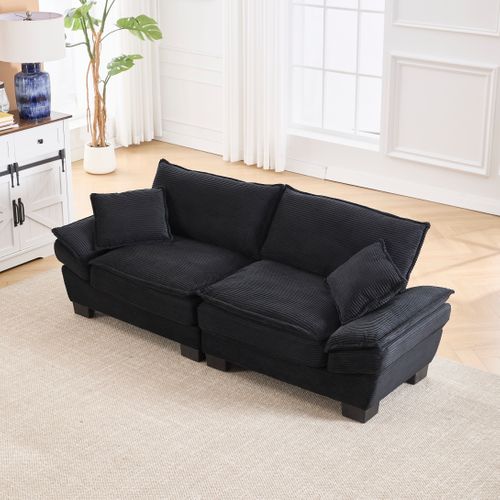 Canapé 2 Places - Design Contemporain - Confort Moyen-doux - Coussins - Velours côtelé - Noir