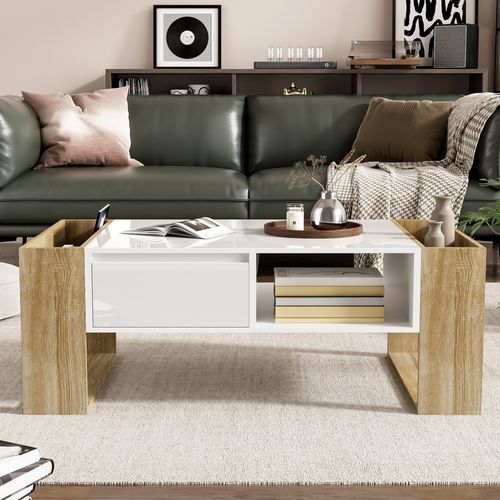 Table Basse Moderne - Tiroir Et Compartiments, Plateau Blanc Brillant, Bois Naturel, 105x60x40 Cm