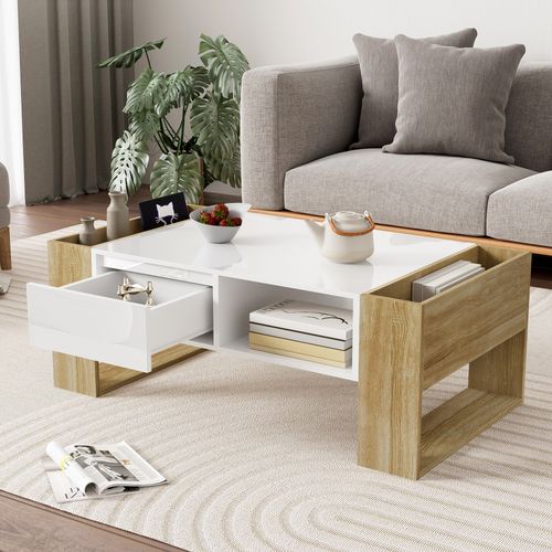 Table Basse Moderne - Tiroir Et Compartiments, Plateau Blanc Brillant, Bois Naturel, 105x60x40 Cm
