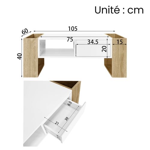 Table Basse Moderne - Tiroir Et Compartiments, Plateau Blanc Brillant, Bois Naturel, 105x60x40 Cm