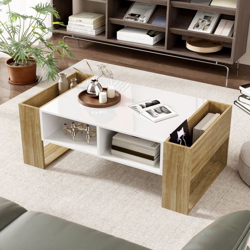 Table Basse Moderne - Tiroir Et Compartiments, Plateau Blanc Brillant, Bois Naturel, 105x60x40 Cm