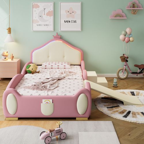 Lit Enfant 90x200 Cm - Toboggan - LED - Protection Anti-chute - Design Couronne - Ludique - Rose