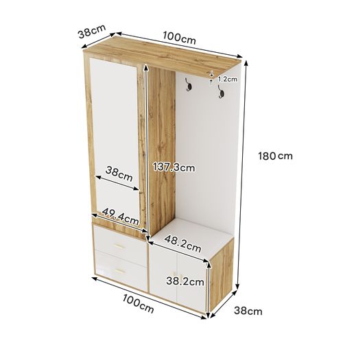 Vestiaire D’entrée - Miroir Avec Penderie Extensible Et Tiroirs Mdf Particules - Blanc + Naturel