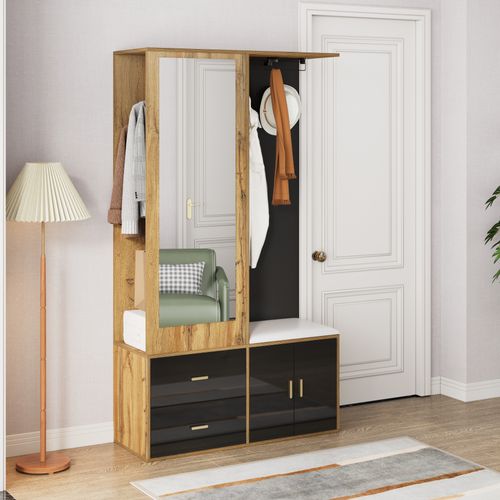 Vestiaire D’entrée - Miroir Avec Banc Intégré Et Penderie Multifonction Particules -noir+naturel