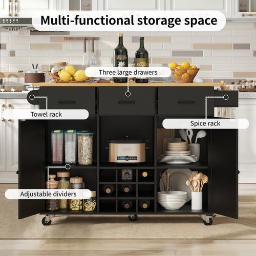 Îlot De Cuisine - Chariot De Cuisine Avec Porte-serviettes Et Porte-épices - Mdf - Noir