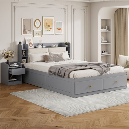 Lit Double 140x200 Cm - Lit Avec Banc Coffre Et Rangement Latéral, Optimisé Pour Chambre - Gris