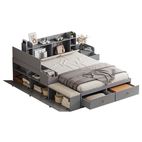 Lit Double 140x200 Cm - Lit Avec Banc Coffre Et Rangement Latéral, Optimisé Pour Chambre - Gris