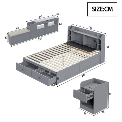 Lit Double 140x200 Cm - Lit Avec Banc Coffre Et Rangement Latéral, Optimisé Pour Chambre - Gris