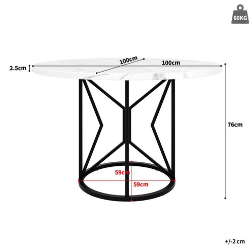 Table à Manger Ronde - Pieds Géométriques Métal - Plateau Mdf Marbré - Design Moderne - Blanc + Noir