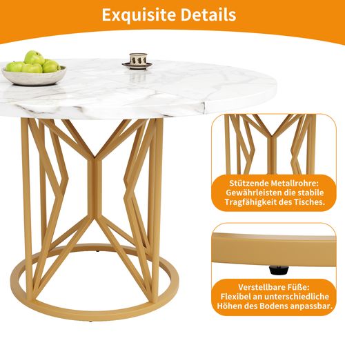 Table à Manger Ronde - Pieds Géométriques Métal - Plateau Mdf Marbré - Design Moderne - Blanc + Or