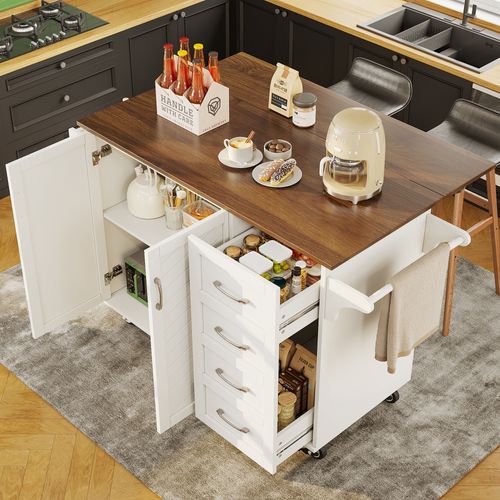 Îlot De Cuisine - Chariot De Cuisine Avec Porte-serviettes Et Porte-épices - Mdf - Blanc