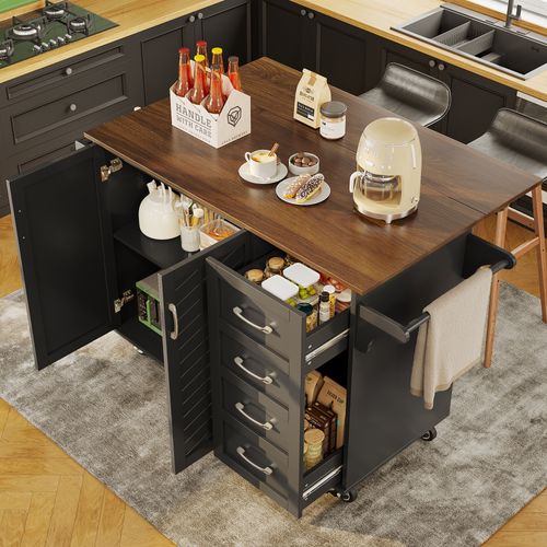 Îlot De Cuisine - Chariot De Cuisine Avec Porte-serviettes Et Porte-épices - Mdf - Noir