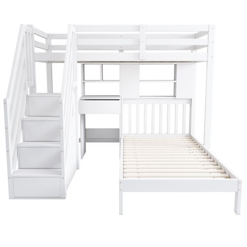 Lit Superposé Enfant 90x200 Cm Avec Bureau, Rangements Et Étagères, Cadre à Lattes, Blanc