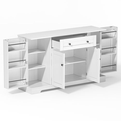 Buffet Cuisine Moderne, Tiroir Central Et Portes Battantes, Rangement Mdf+métal, Blanc, 138x40x85 Cm