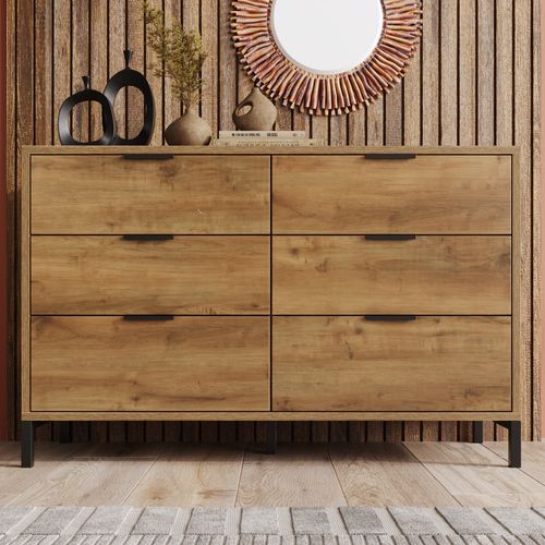 Commode 6 Tiroirs - Buffet Contemporain Chambre Et Entrée - Pieds Métal - Marron