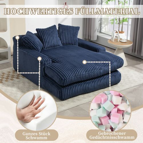 Méridienne Lounge - Coussins Inclus - Confortable - Sans Montage - Velours Côtelé - Bleu Marine