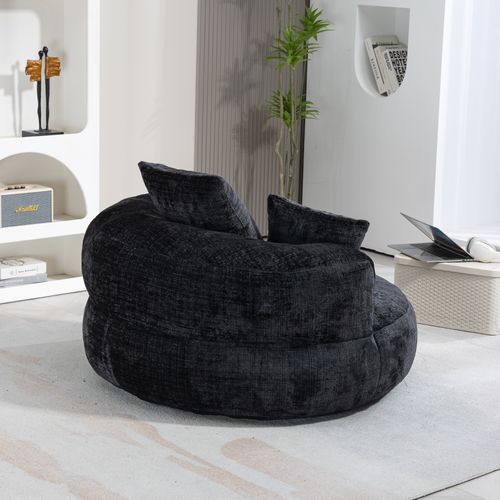 Fauteuil Pouf Cocooning 1 Place - 3 Coussins - Haut Dossier - Mousse Haute Densité - Chenille - Noir