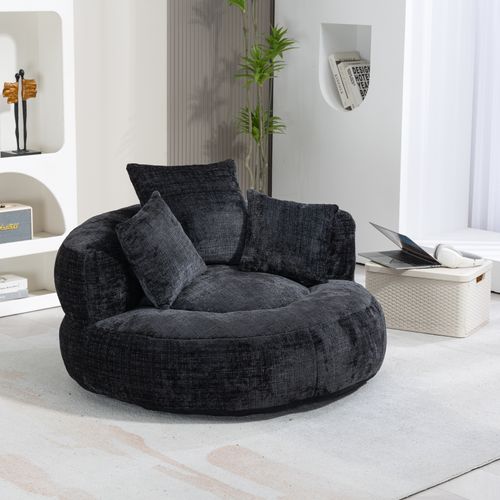 Fauteuil Pouf Cocooning 1 Place - 3 Coussins - Haut Dossier - Mousse Haute Densité - Chenille - Noir