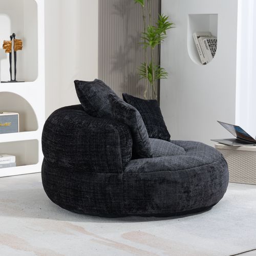 Fauteuil Pouf Cocooning 1 Place - 3 Coussins - Haut Dossier - Mousse Haute Densité - Chenille - Noir