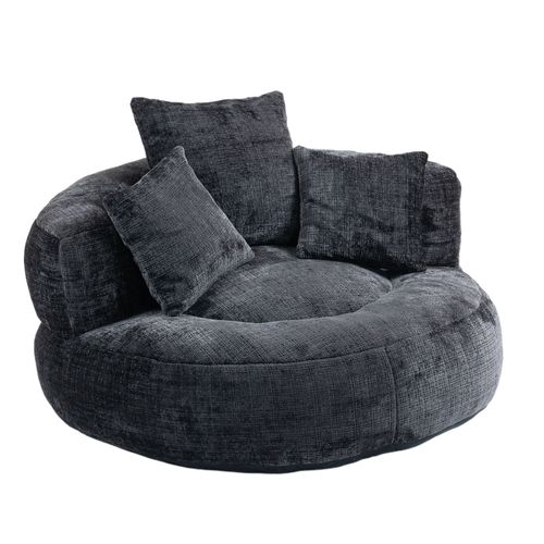 Fauteuil Pouf Cocooning 1 Place - 3 Coussins - Haut Dossier - Mousse Haute Densité - Chenille - Noir