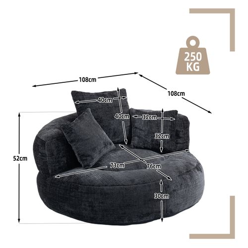 Fauteuil Pouf Cocooning 1 Place - 3 Coussins - Haut Dossier - Mousse Haute Densité - Chenille - Noir